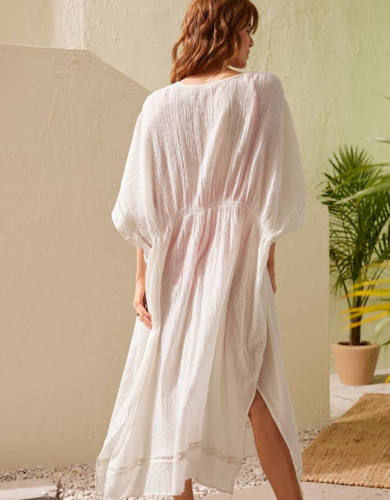 Aerie Gauze Maxi Tie Kimono Dress White | AIR-483695