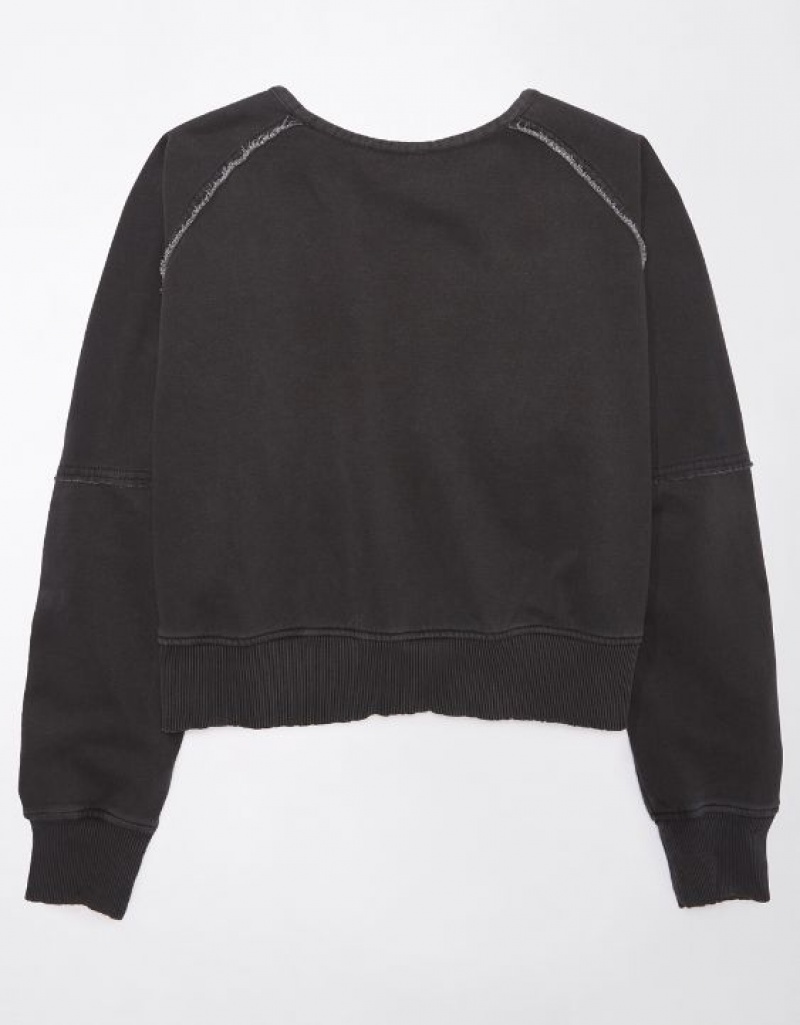 Aerie Long-Sleeve Cropped Twist-Back Sweatshirts Black | IUS-291458