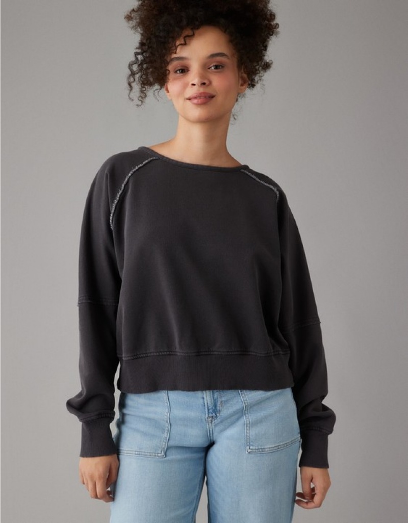 Aerie Long-Sleeve Cropped Twist-Back Sweatshirts Black | IUS-291458