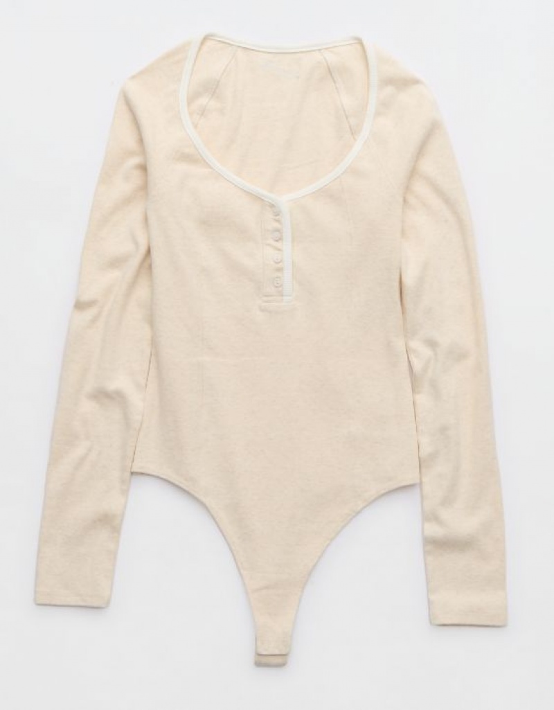 Aerie Long Sleeve Henley Bodysuit Beige | ZQJ-486753