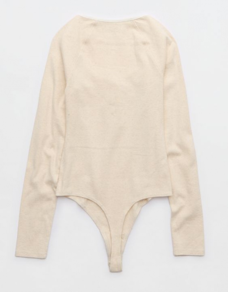 Aerie Long Sleeve Henley Bodysuit Beige | ZQJ-486753