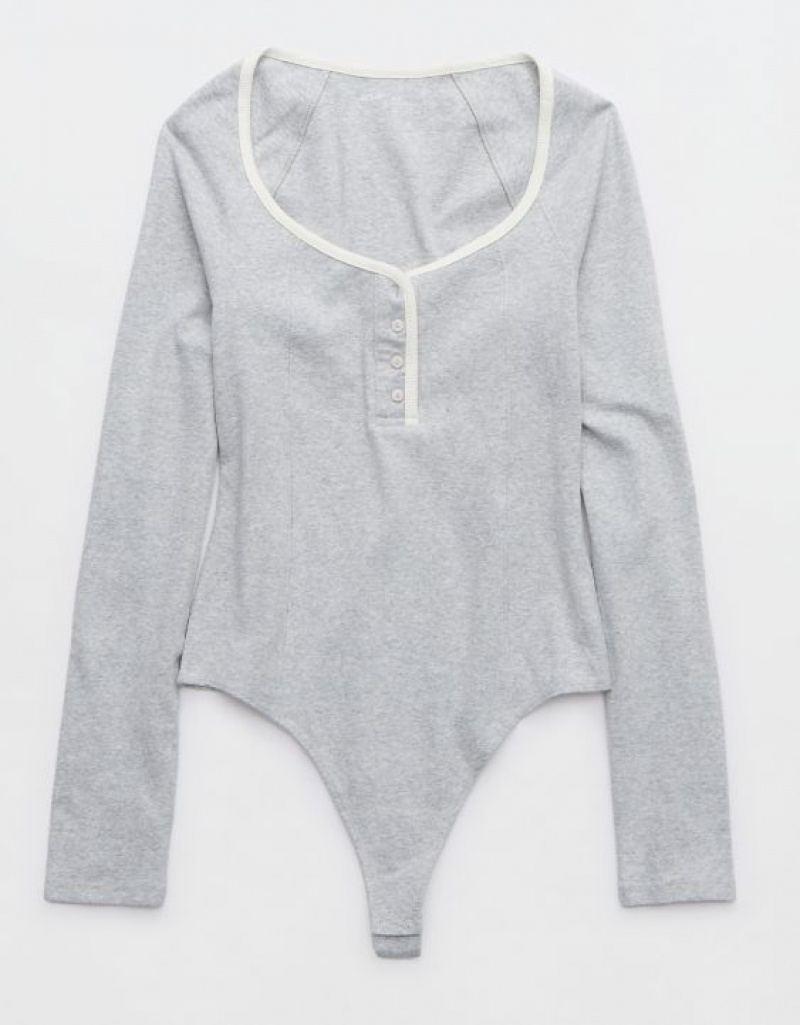 Aerie Long Sleeve Henley Bodysuit Grey | LIU-205361