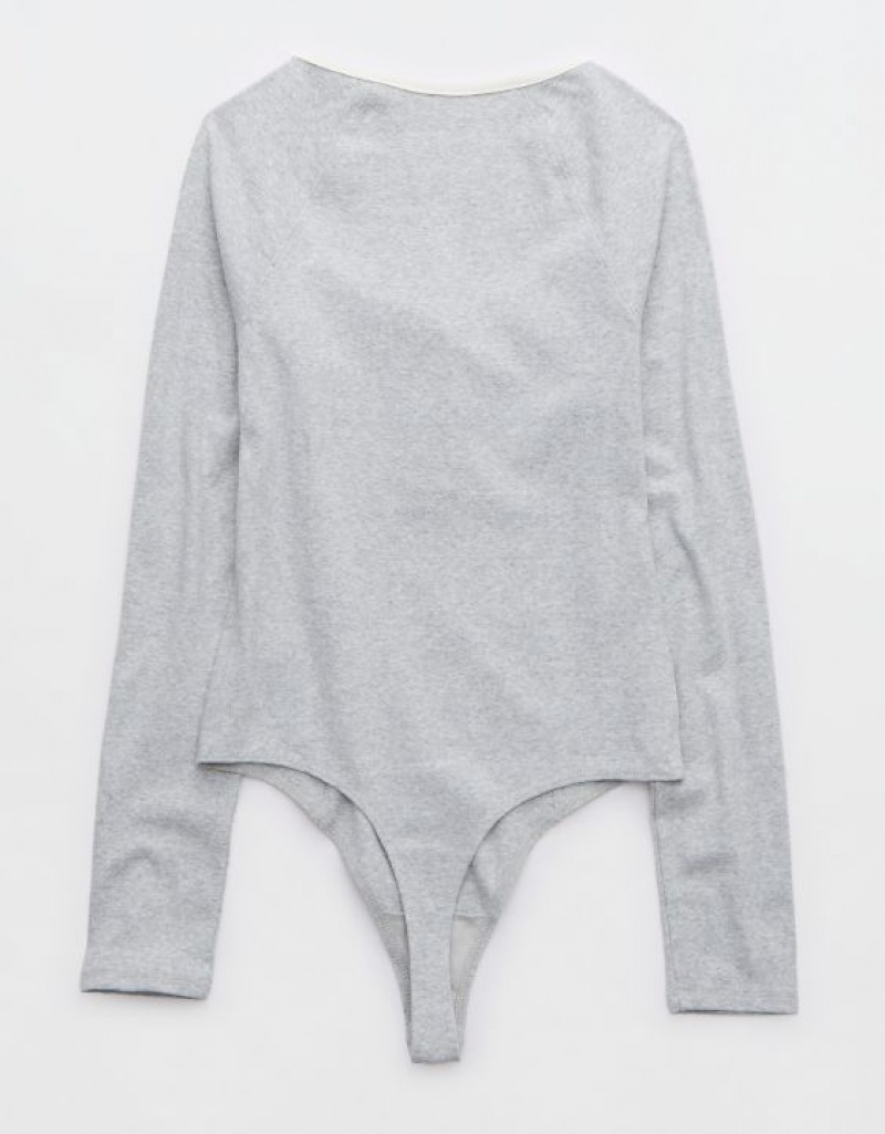 Aerie Long Sleeve Henley Bodysuit Grey | LIU-205361