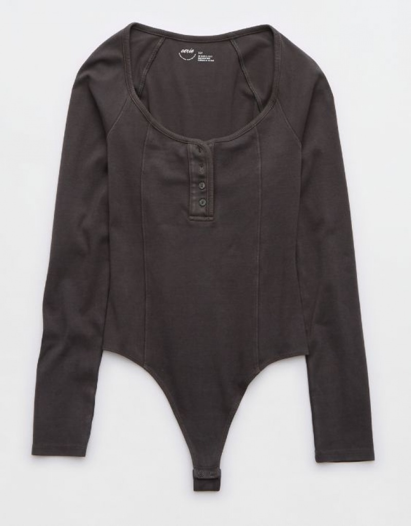 Aerie Long Sleeve Henley Bodysuit Grey | RCD-489703