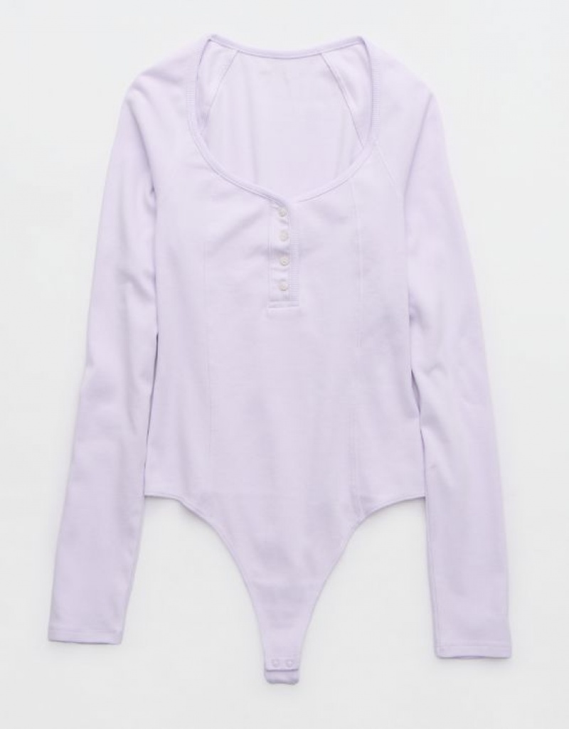 Aerie Long Sleeve Henley Bodysuit Lavender | ZXJ-781495