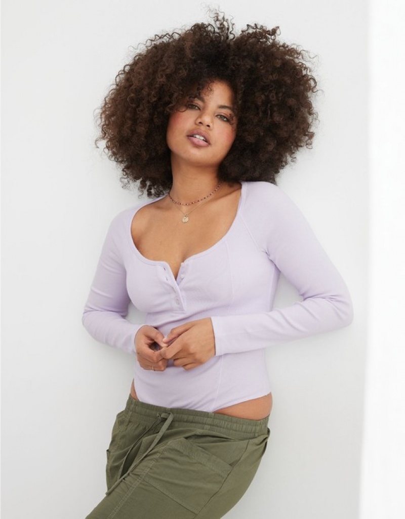 Aerie Long Sleeve Henley Bodysuit Lavender | ZXJ-781495