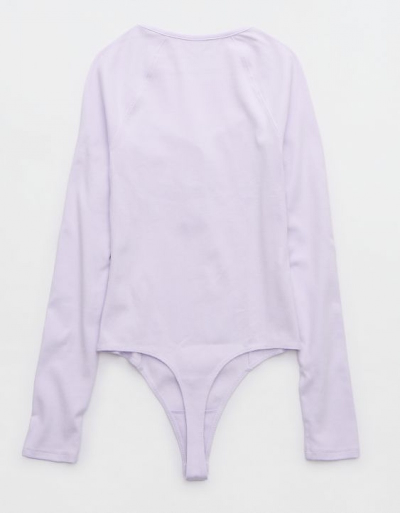 Aerie Long Sleeve Henley Bodysuit Lavender | ZXJ-781495