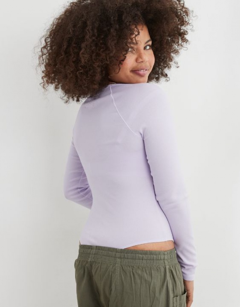 Aerie Long Sleeve Henley Bodysuit Lavender | ZXJ-781495