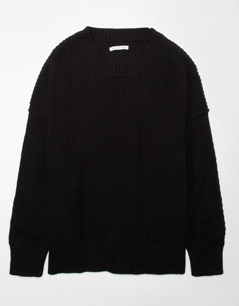 Aerie Long Weekend Crewneck Sweater Black | CLV-974081