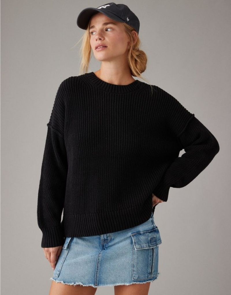 Aerie Long Weekend Crewneck Sweater Black | CLV-974081