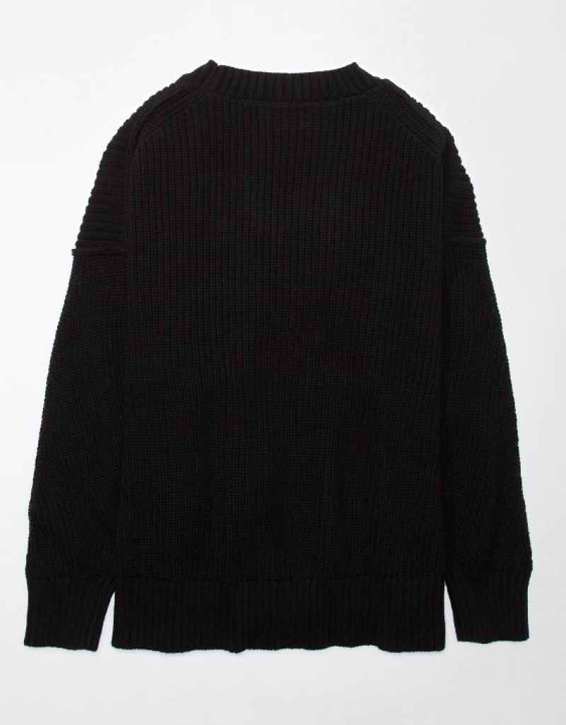 Aerie Long Weekend Crewneck Sweater Black | CLV-974081