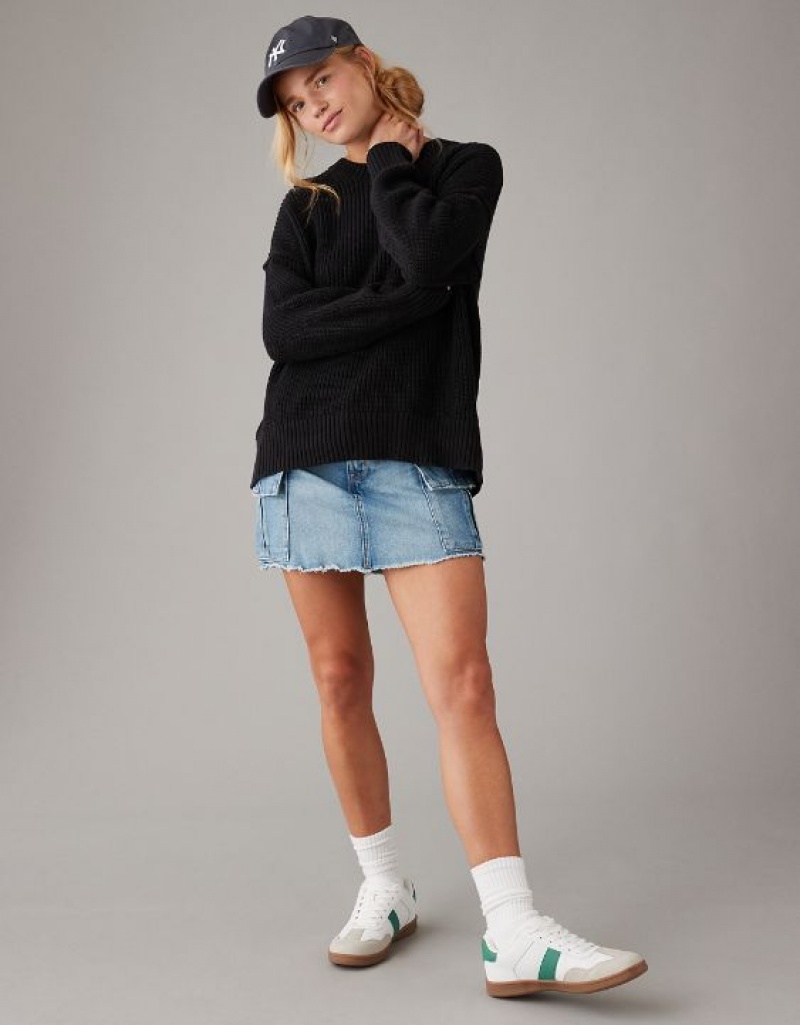 Aerie Long Weekend Crewneck Sweater Black | CLV-974081