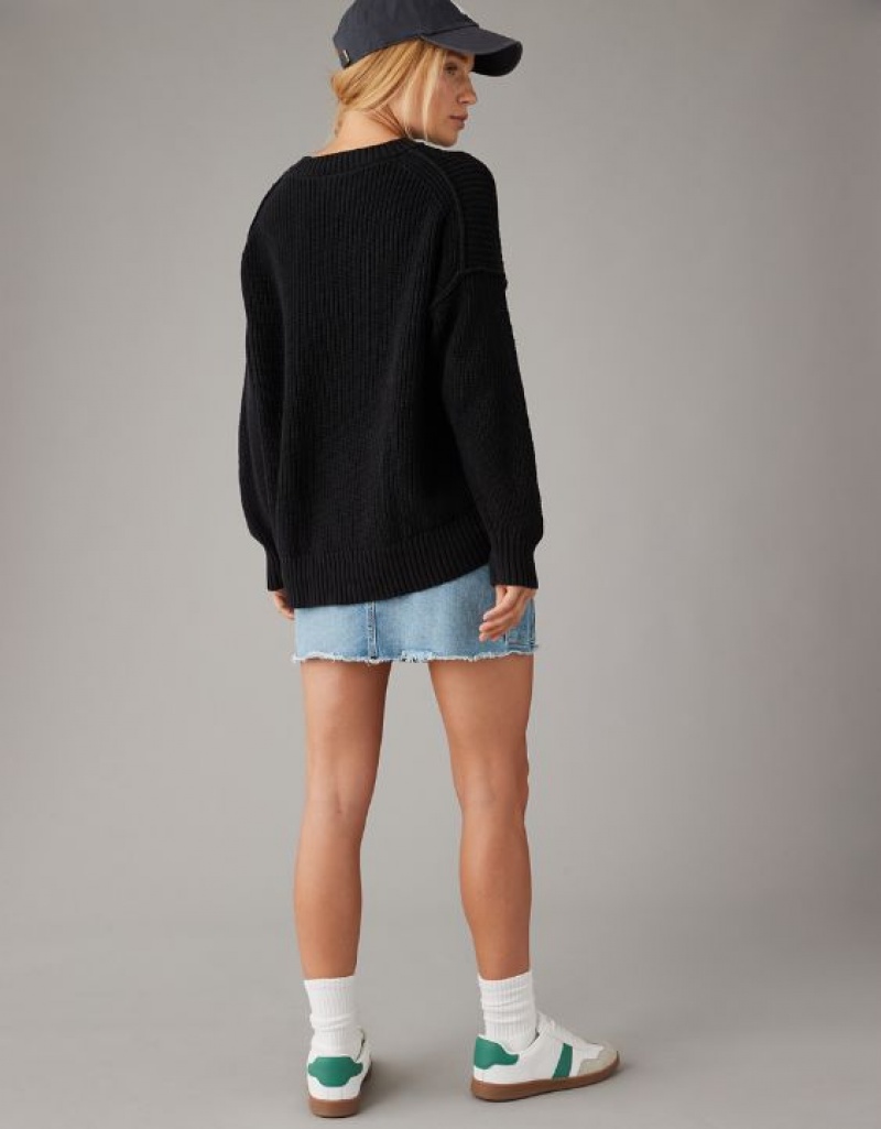 Aerie Long Weekend Crewneck Sweater Black | CLV-974081