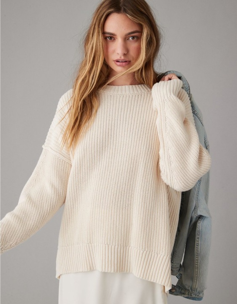 Aerie Long Weekend Crewneck Sweater Cream | KLP-286793