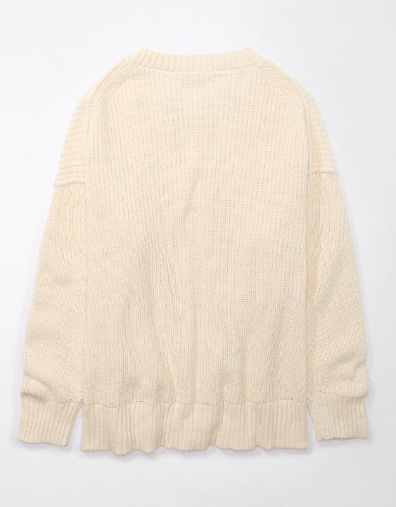 Aerie Long Weekend Crewneck Sweater Cream | KLP-286793