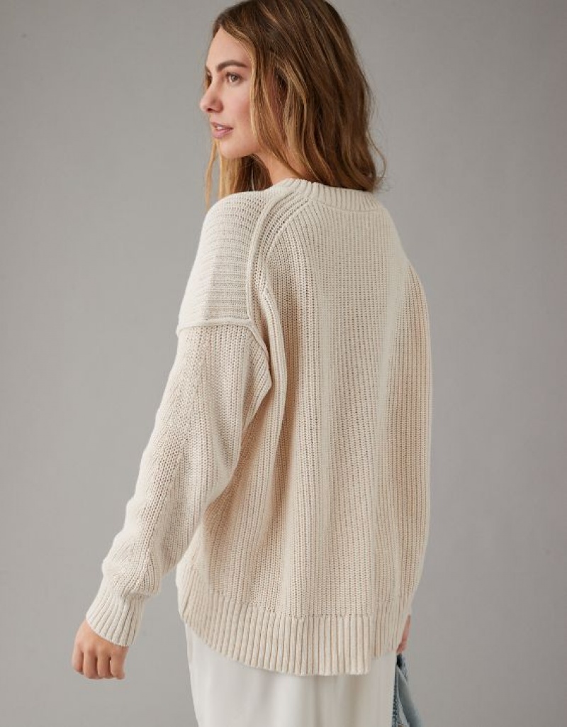 Aerie Long Weekend Crewneck Sweater Cream | KLP-286793