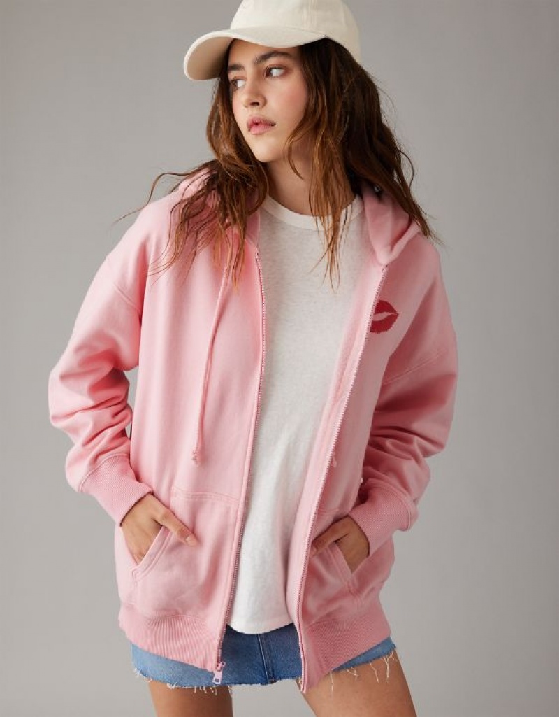 Aerie Mean Oversized Zip-Up Pink Hoodie Light Pink | MCK-874390