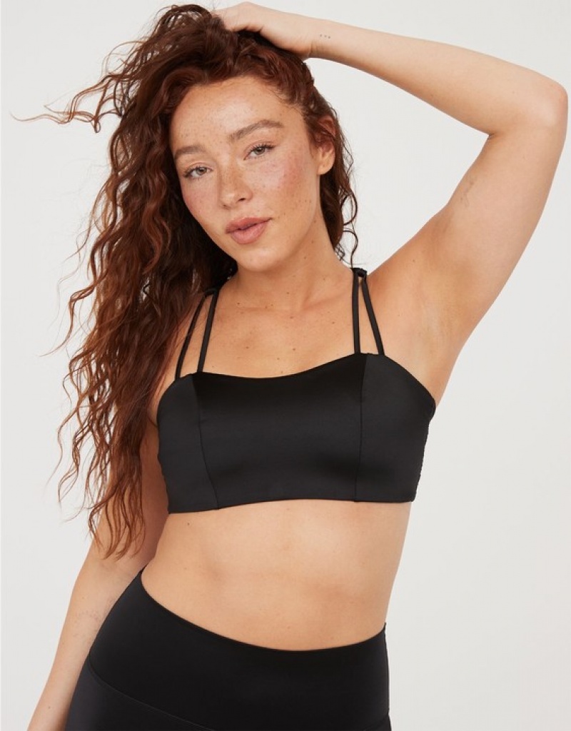 Aerie OFFLINE By Liquid Shine Strappy Sports Bras Black | EQA-064193