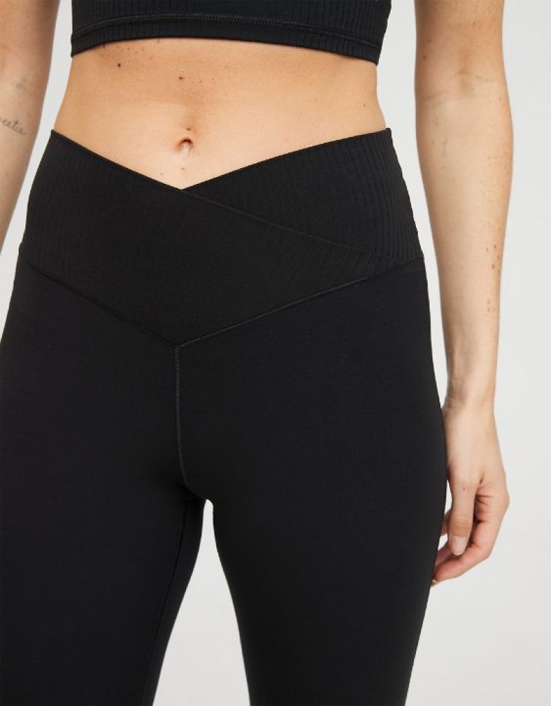 Aerie OFFLINE By Real Me High Waisted Crossover Rib Super Flare Leggings Black | QEK-905728