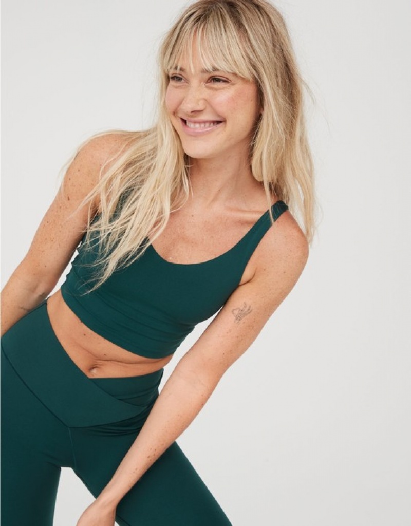 Aerie OFFLINE By Real Me Low Key Longline Sports Bras Deep Green | WXR-593724