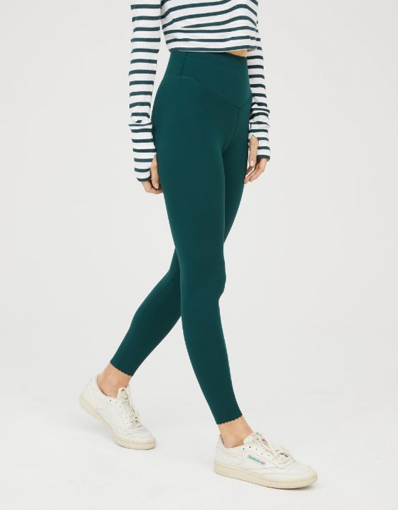 Aerie OFFLINE By Real Me XTRA Hold Up! Scallop Leggings Deep Green | GKM-469073