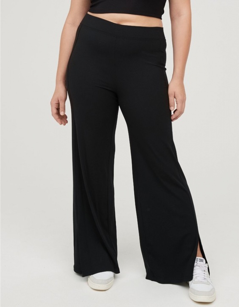 Aerie OFFLINE By Thumbs Up Heavyweight Ribbed Wide Leg Pants Black | DUL-270346