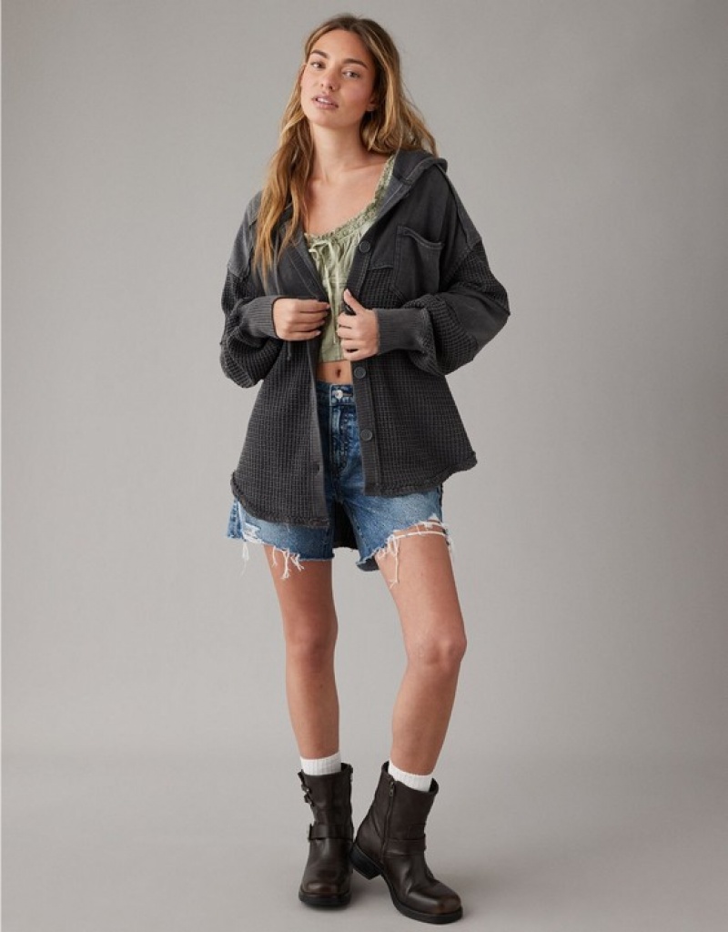 Aerie Oversized Big Hug Shacket Sweatshirts Black | VPO-934802