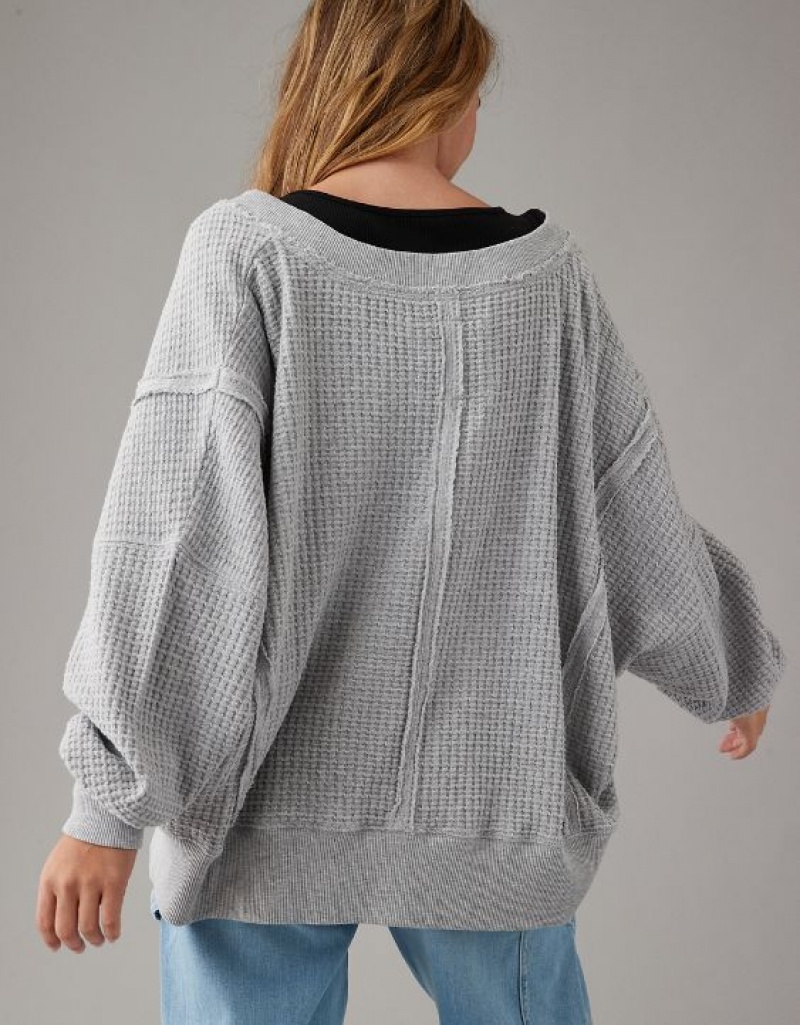 Aerie Oversized Big Hug Waffle V-Neck Sweatshirts Grey | IGO-634210