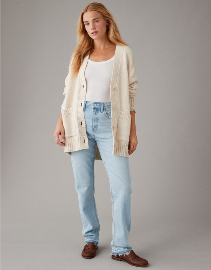 Aerie Oversized Button-Front Long-Length Cardigan Cream | HYR-079465