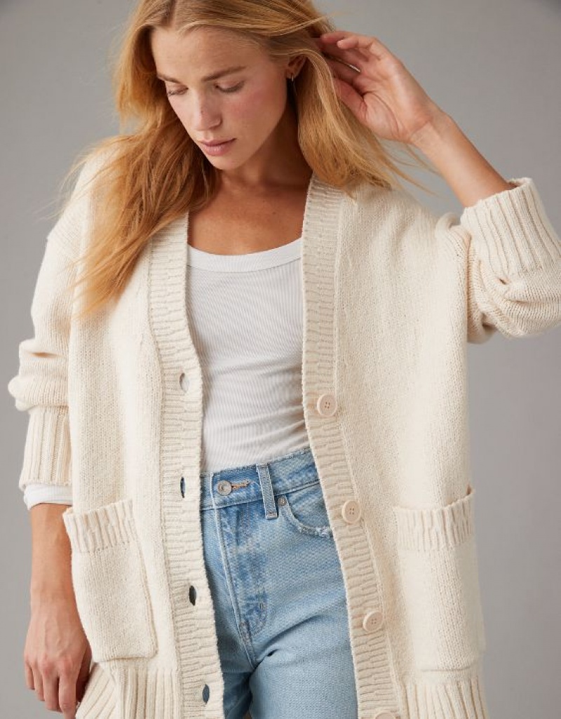 Aerie Oversized Button-Front Long-Length Cardigan Cream | HYR-079465