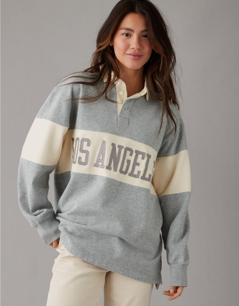 Aerie Oversized Los Angeles Polo Fleece Sweatshirts Grey | VLY-961348