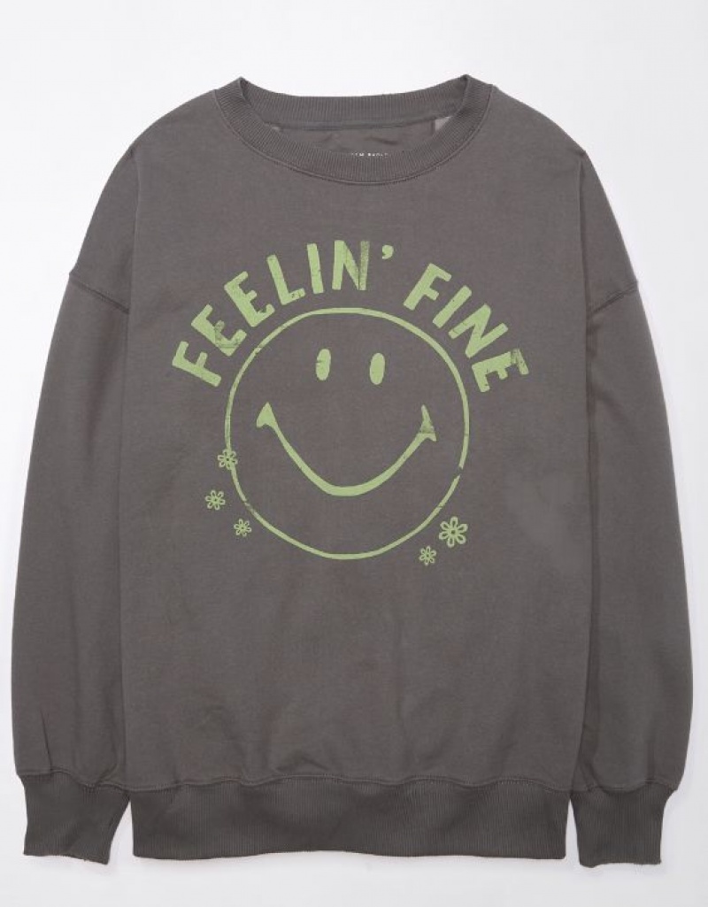 Aerie Oversized Smiley Graphic Sweatshirts Grey | TUG-890352