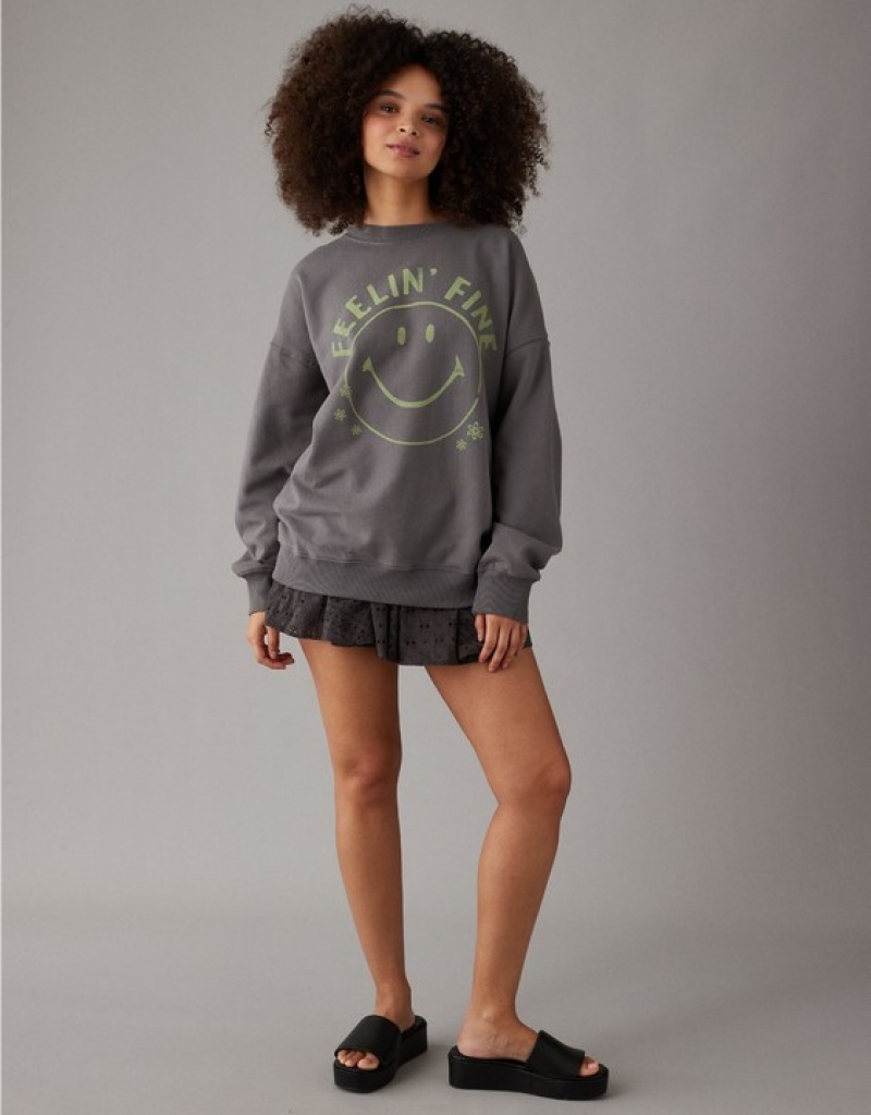 Aerie Oversized Smiley Graphic Sweatshirts Grey | TUG-890352