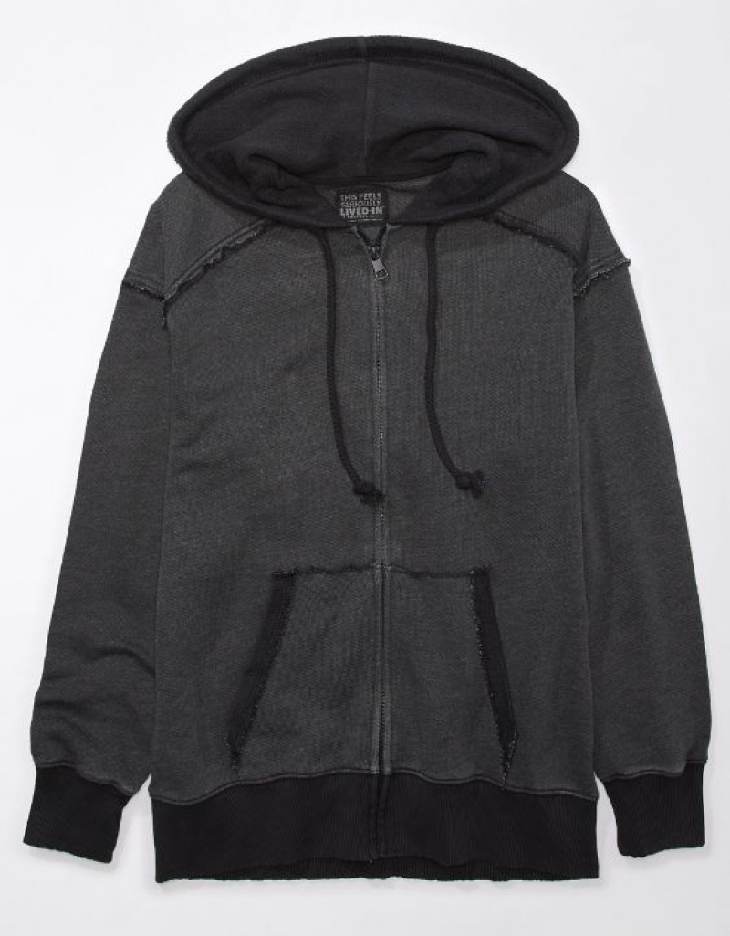 Aerie Oversized Washed Zip-Up Hoodie Black | KJY-014235