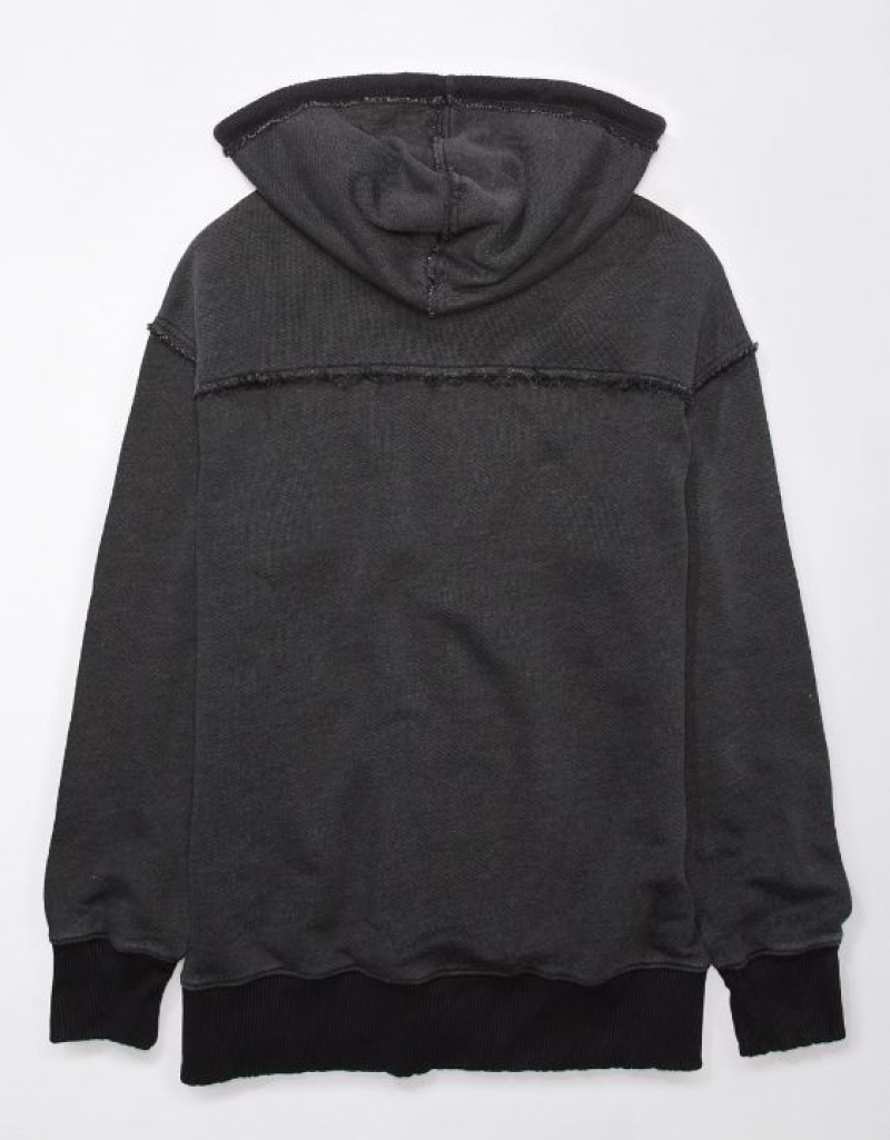 Aerie Oversized Washed Zip-Up Hoodie Black | KJY-014235