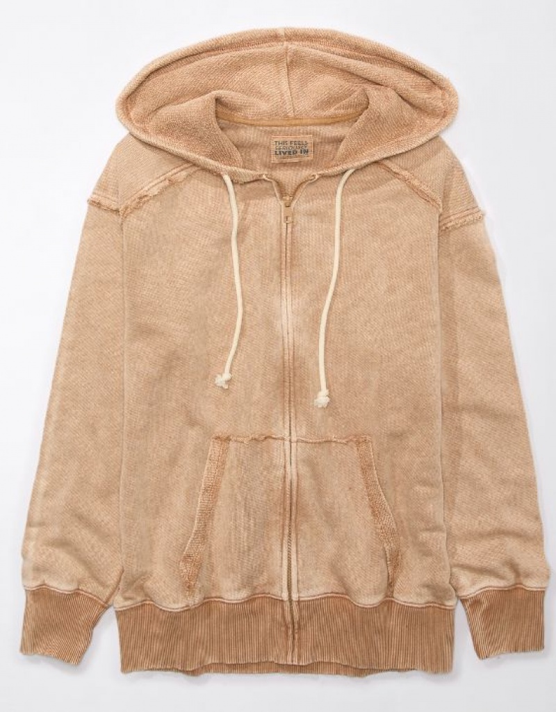 Aerie Oversized Washed Zip-Up Hoodie Brown | XPQ-643091