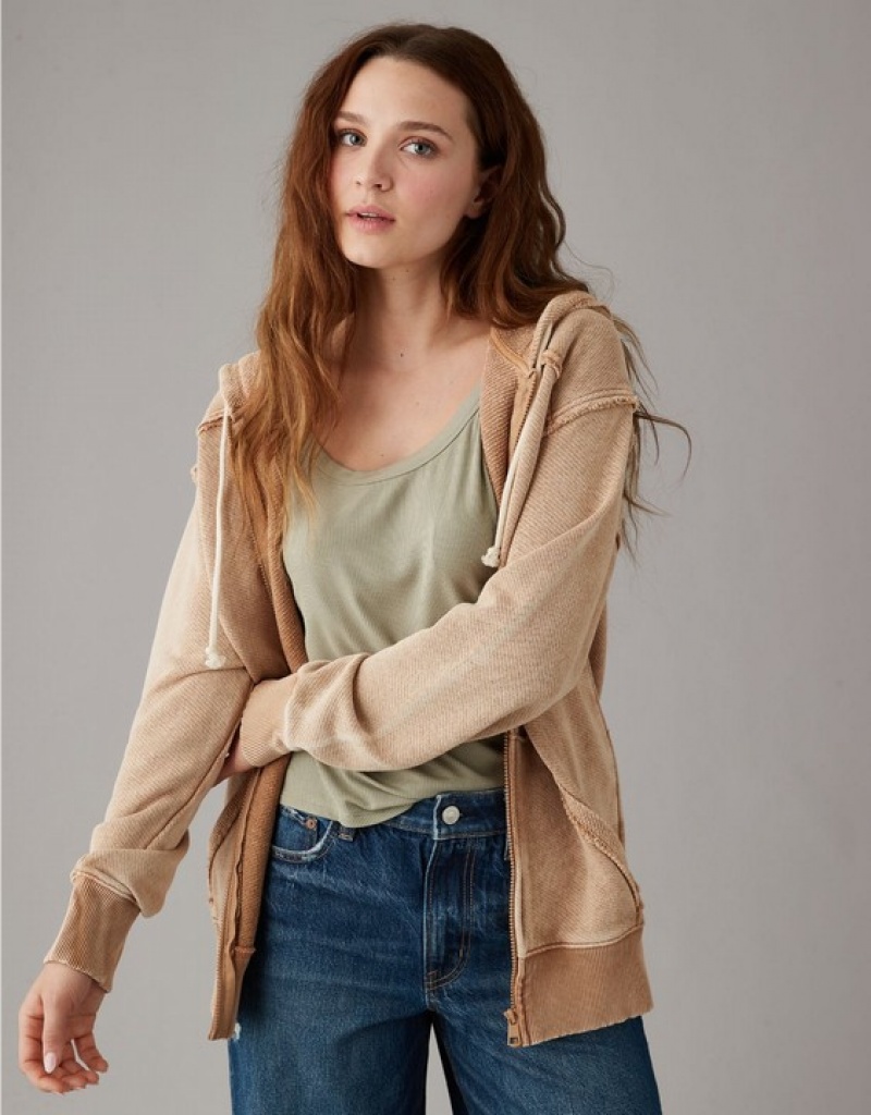 Aerie Oversized Washed Zip-Up Hoodie Brown | XPQ-643091