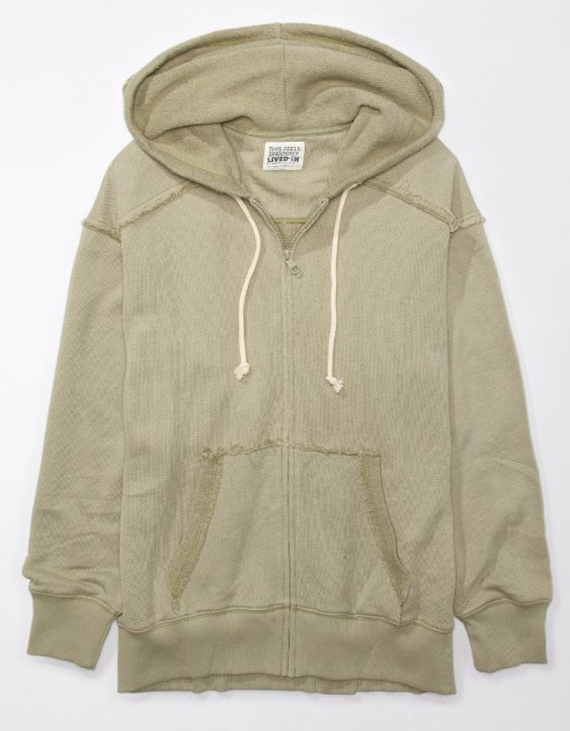 Aerie Oversized Washed Zip-Up Hoodie Olive | IFU-206985