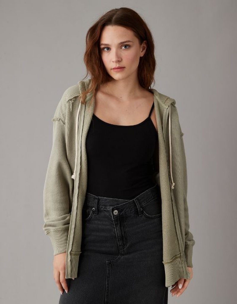 Aerie Oversized Washed Zip-Up Hoodie Olive | IFU-206985