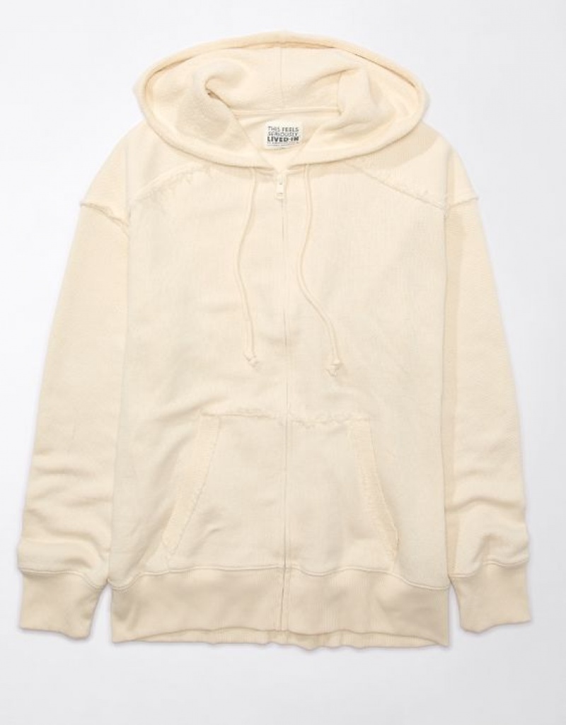 Aerie Oversized Washed Zip-Up Hoodie White | REZ-168475