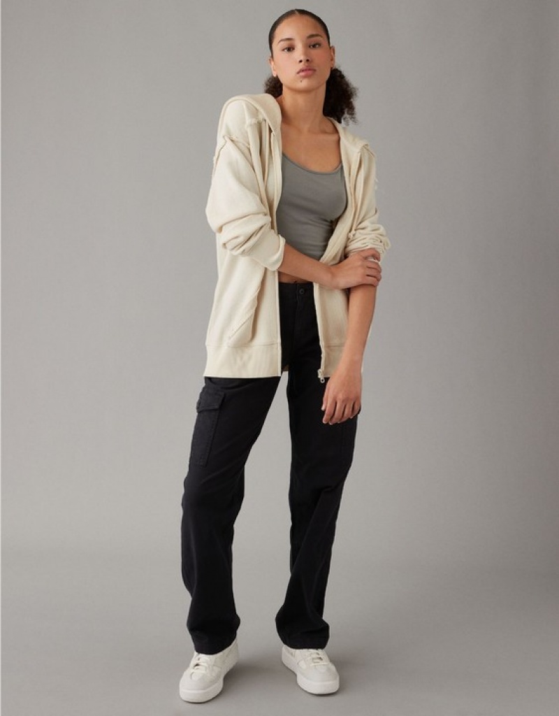 Aerie Oversized Washed Zip-Up Hoodie White | REZ-168475