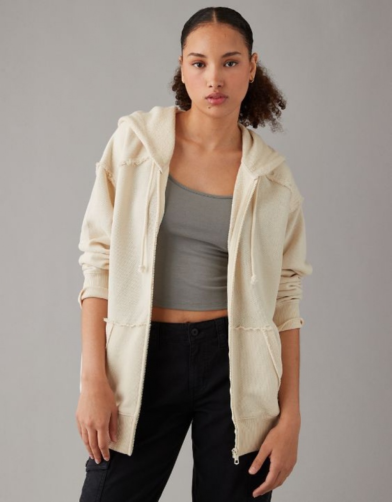 Aerie Oversized Washed Zip-Up Hoodie White | REZ-168475