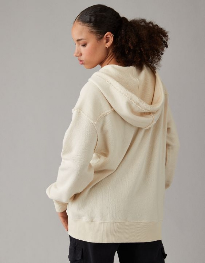 Aerie Oversized Washed Zip-Up Hoodie White | REZ-168475