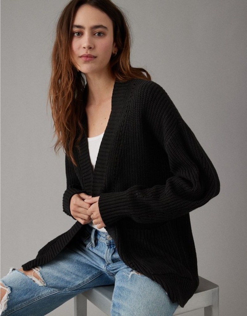 Aerie Pointelle-Knit Cardigan Black | FCH-142830