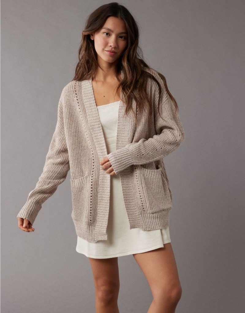 Aerie Pointelle-Knit Cardigan Brown | MSY-147980