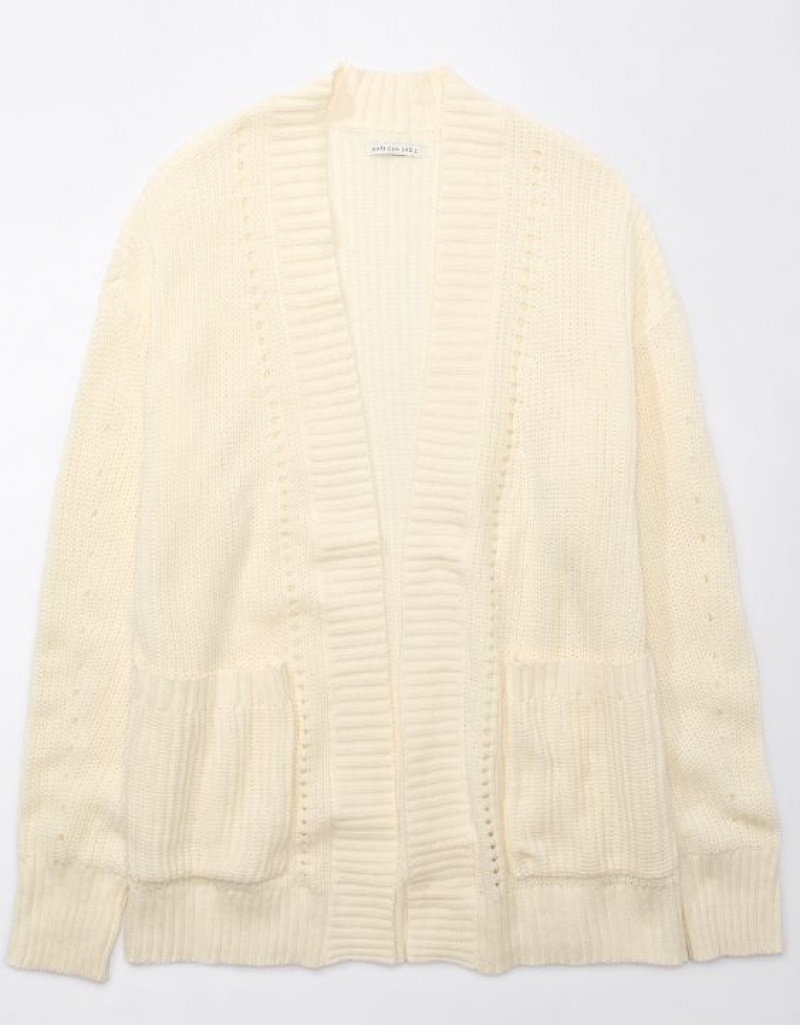 Aerie Pointelle-Knit Cardigan Cream | WIC-674510