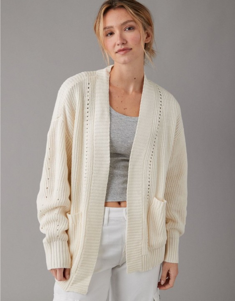 Aerie Pointelle-Knit Cardigan Cream | WIC-674510