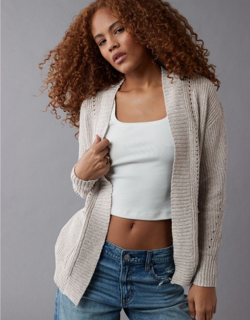 Aerie Pointelle-Knit Cardigan Grey | RST-347201