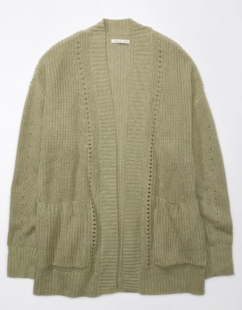 Aerie Pointelle-Knit Cardigan Olive | NVW-374065