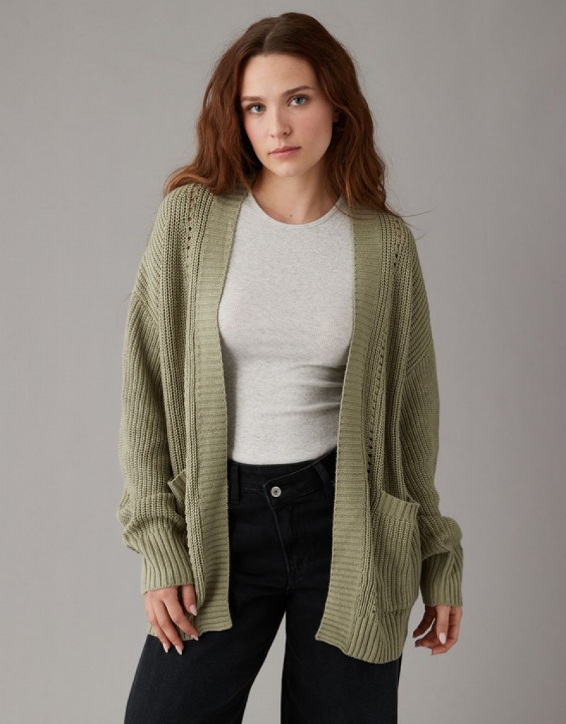 Aerie Pointelle-Knit Cardigan Olive | NVW-374065